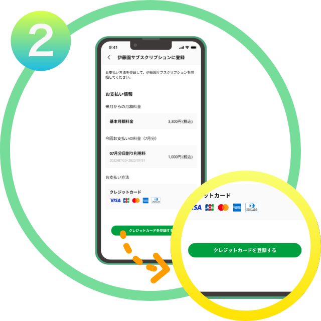 契約時の料金をご確認頂き、お持ちのクレジットカードを登録。