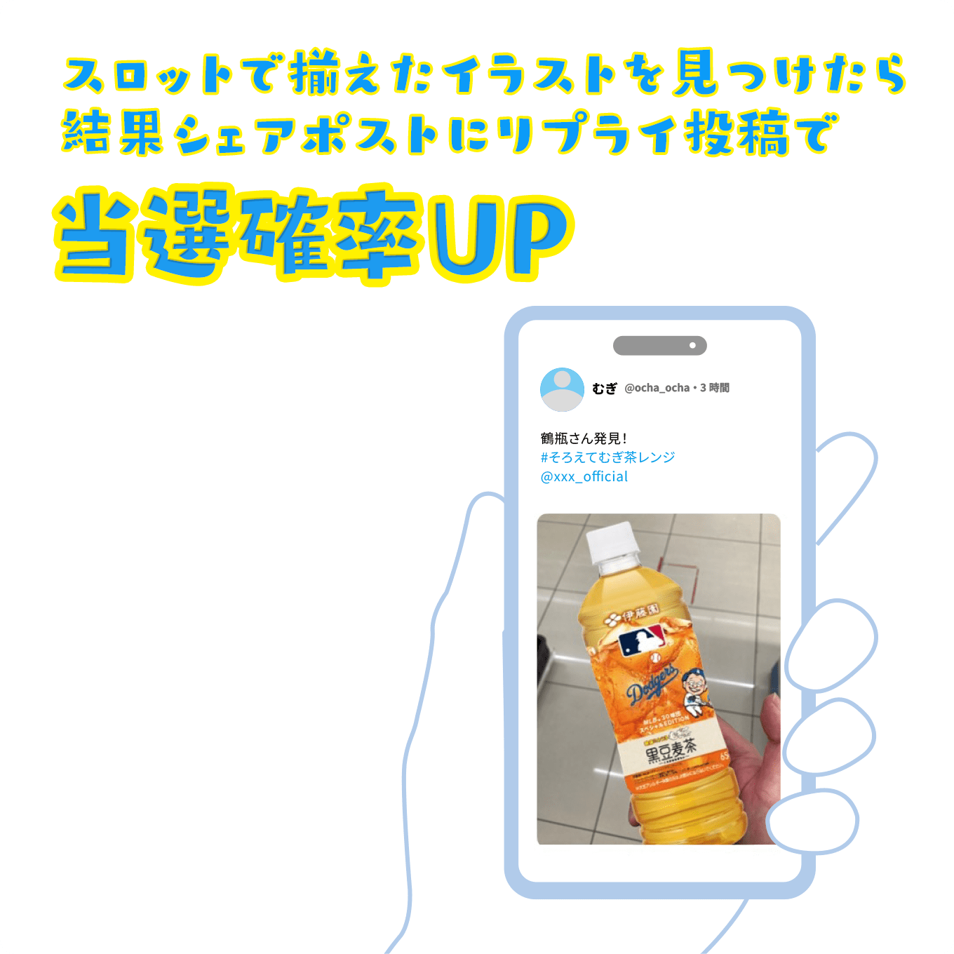 スロットで揃えたイラストを見つけたら結果シェアポストにリプライ投稿で当選確率UP