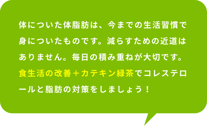 体についた体脂肪は、今までの生活習慣で身についたものです。減らすための近道はありません。毎日の積み重ねが大切です。食生活の改善＋カテキン緑茶でコレステロールと脂肪の対策をしましょう！