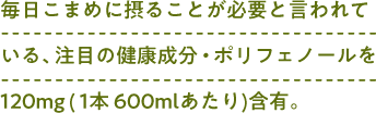 毎日こまめに摂ることが必要と言われている、注目の健康成分・ポリフェノールを120mg(1本600mlあたり)含有。