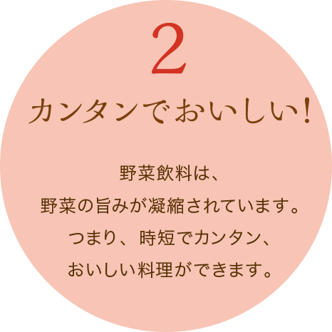 2 カンタンでおいしい!　野菜飲料は、野菜の旨みが凝縮されています。つまり、時短でカンタン、おいしい料理ができます。